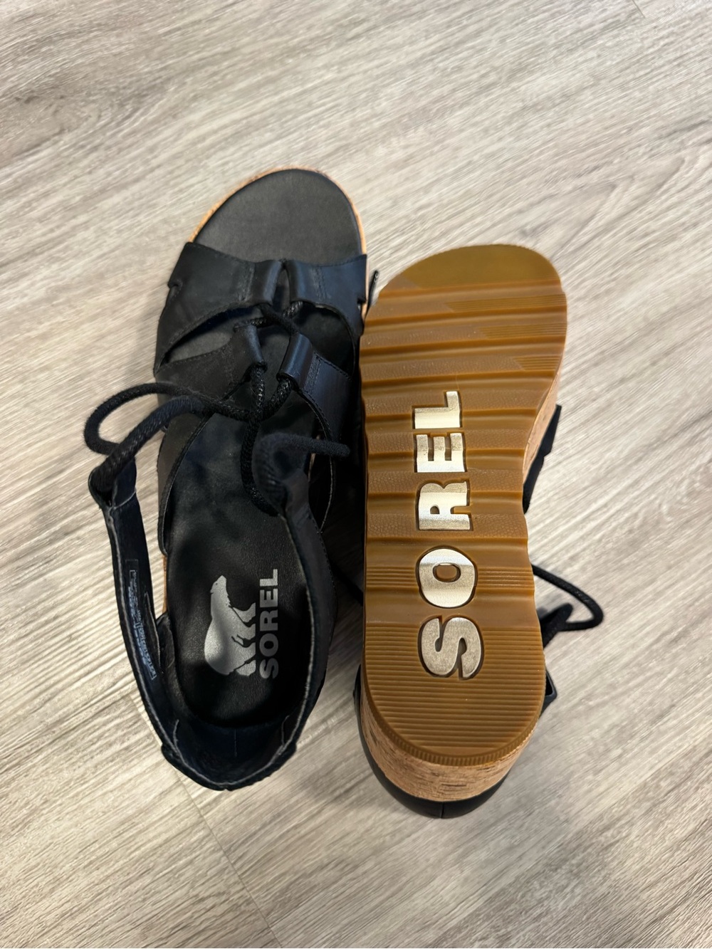 Sorel Black Lace-Up gladiator Cork Wedge Sandals